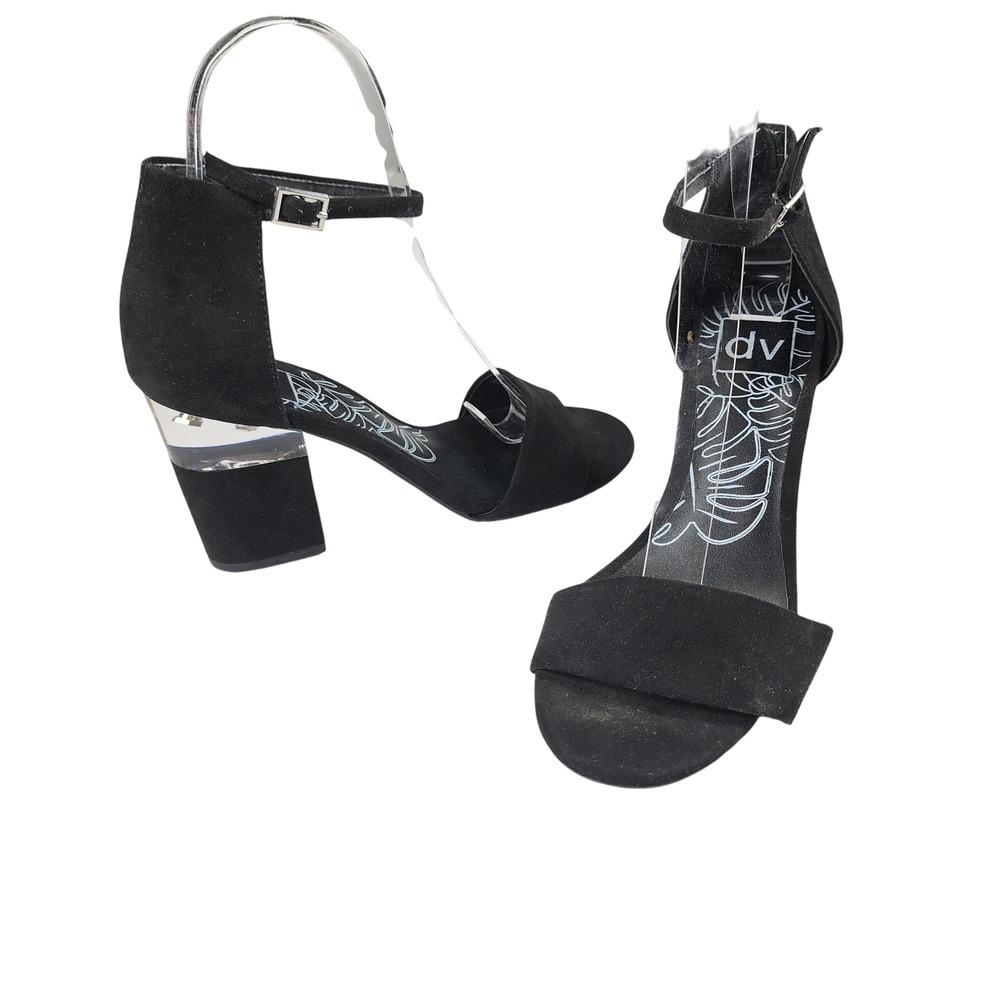 DV Dolce Vita Black Faux Suede Clear Lucite Block Heel Ankle Strap Sandals 8